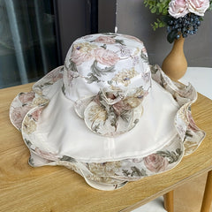 Flower Printed Ruffles Sun Hat Wide Brim UV Protection Bucket Hat