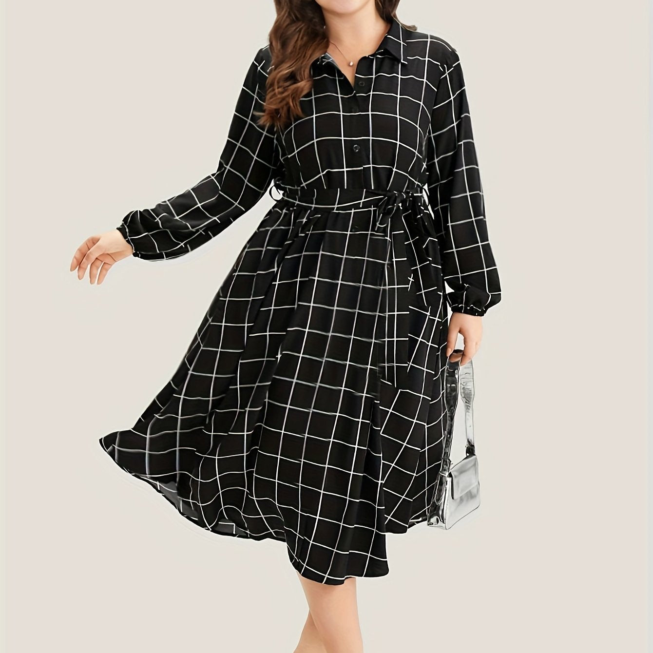  Women's Grid Print Long Sleeve Midi Shirt Dress