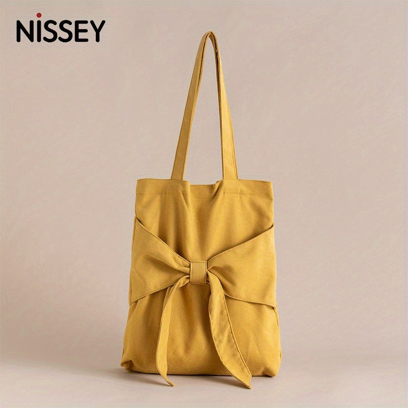 Bowknot Decor Canvas Shoulder Bag Tote Bag Solid Handbag For School Travel