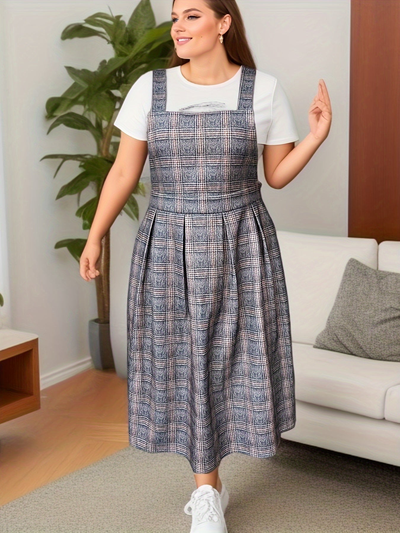  Plaid Print Maxi Overall Dress