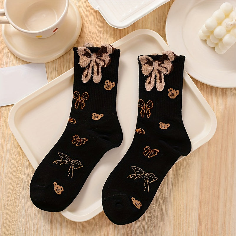5 Pairs Cute Cartoon Print Comfy Mid Tube Women's Socks