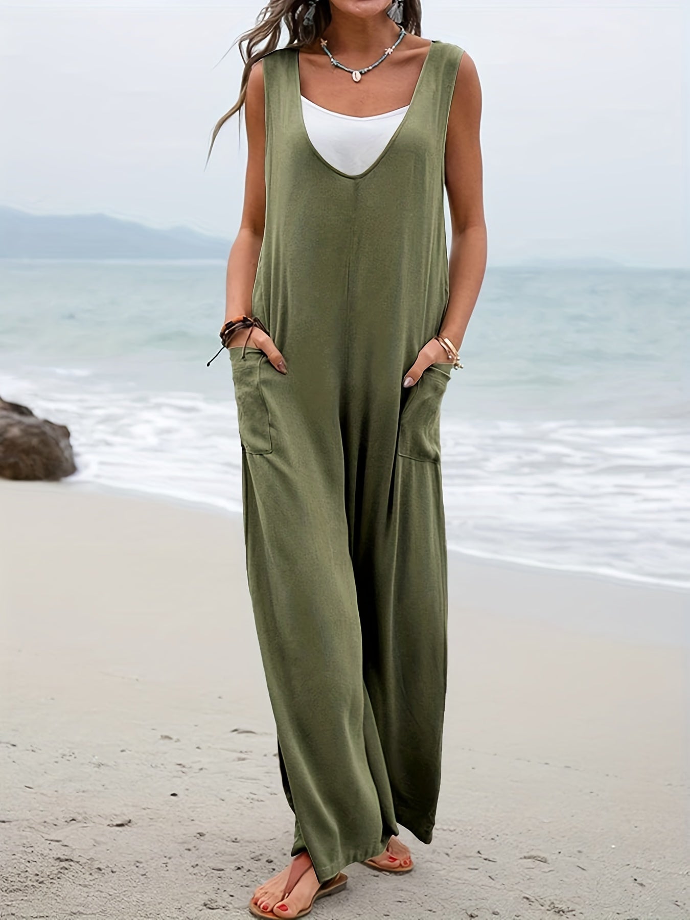  Casual Tank Jumpsuit Women's Plus Solid V Neck Loose Overall Jumpsuit
