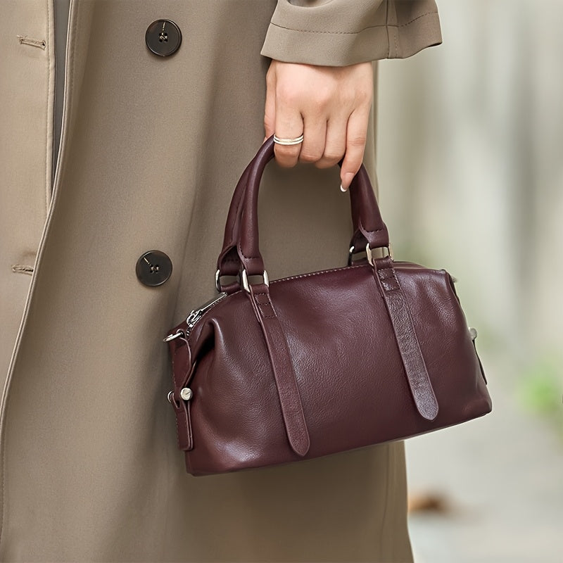 Vintage Leather Handbag for Women Burgundy Adjustable Strap Zip Closure