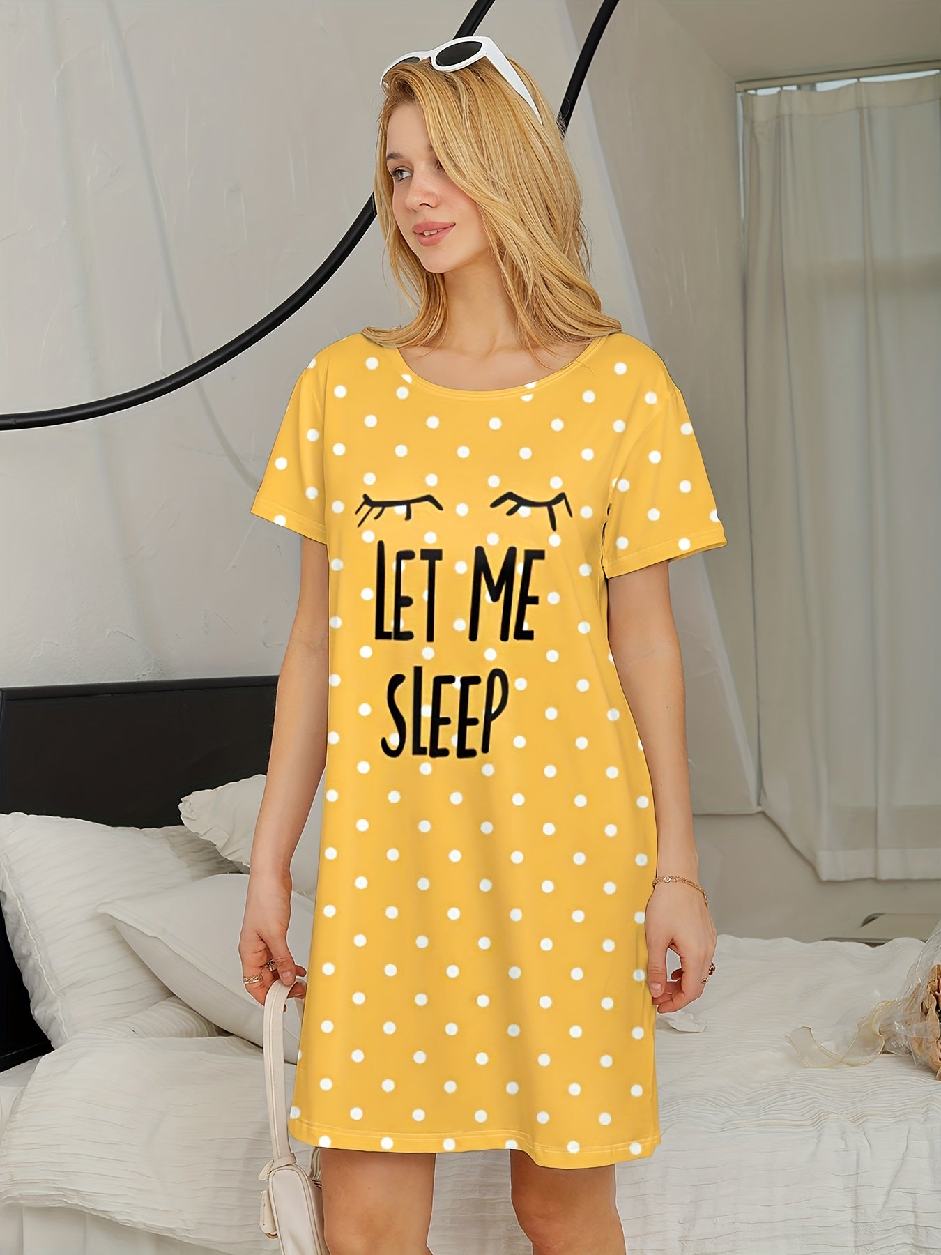Polka Dot NightDress Short Sleeve Crew Neck Pajama Dress