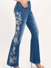  Floral Embroidery High Rise Flared Leg Jeans