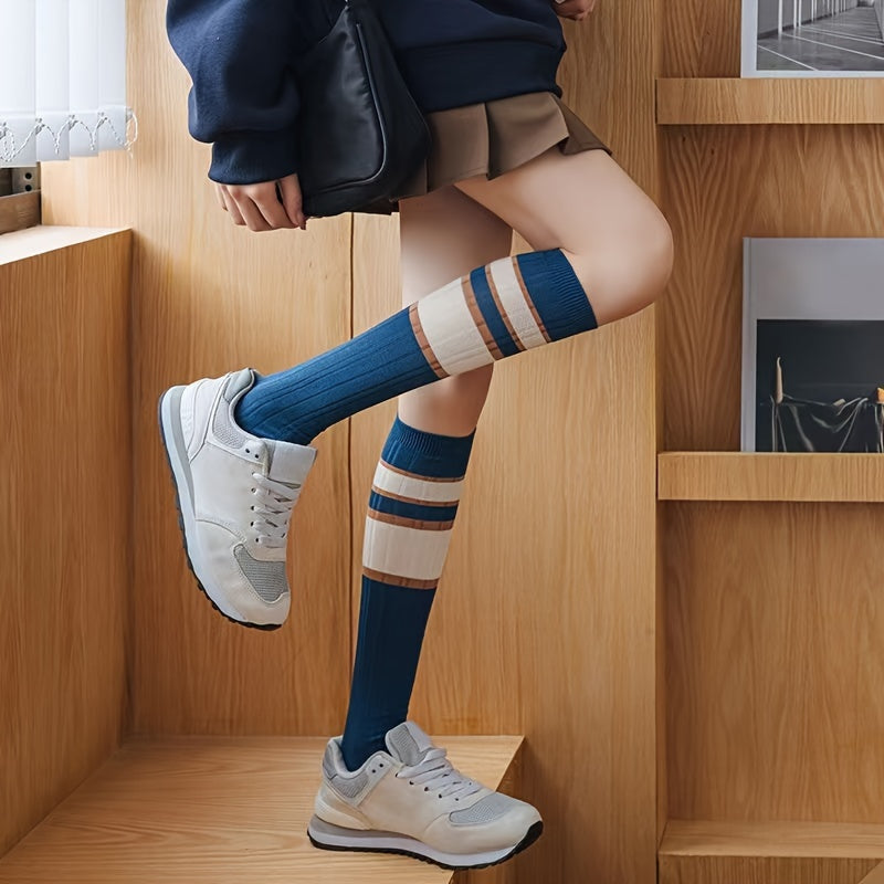 3 Pairs Striped Calf Socks Knee High Women's Stockings