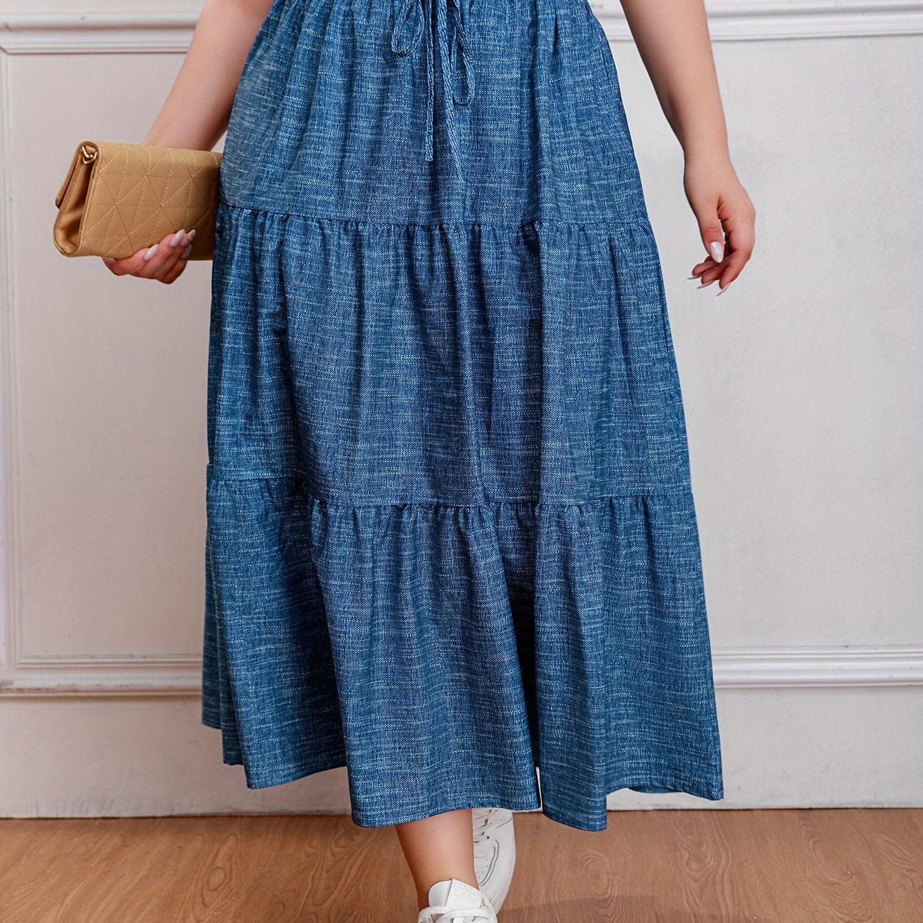  Denim Print Drawstring Elastic High Rise Maxi Skirt