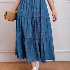  Denim Print Drawstring Elastic High Rise Maxi Skirt