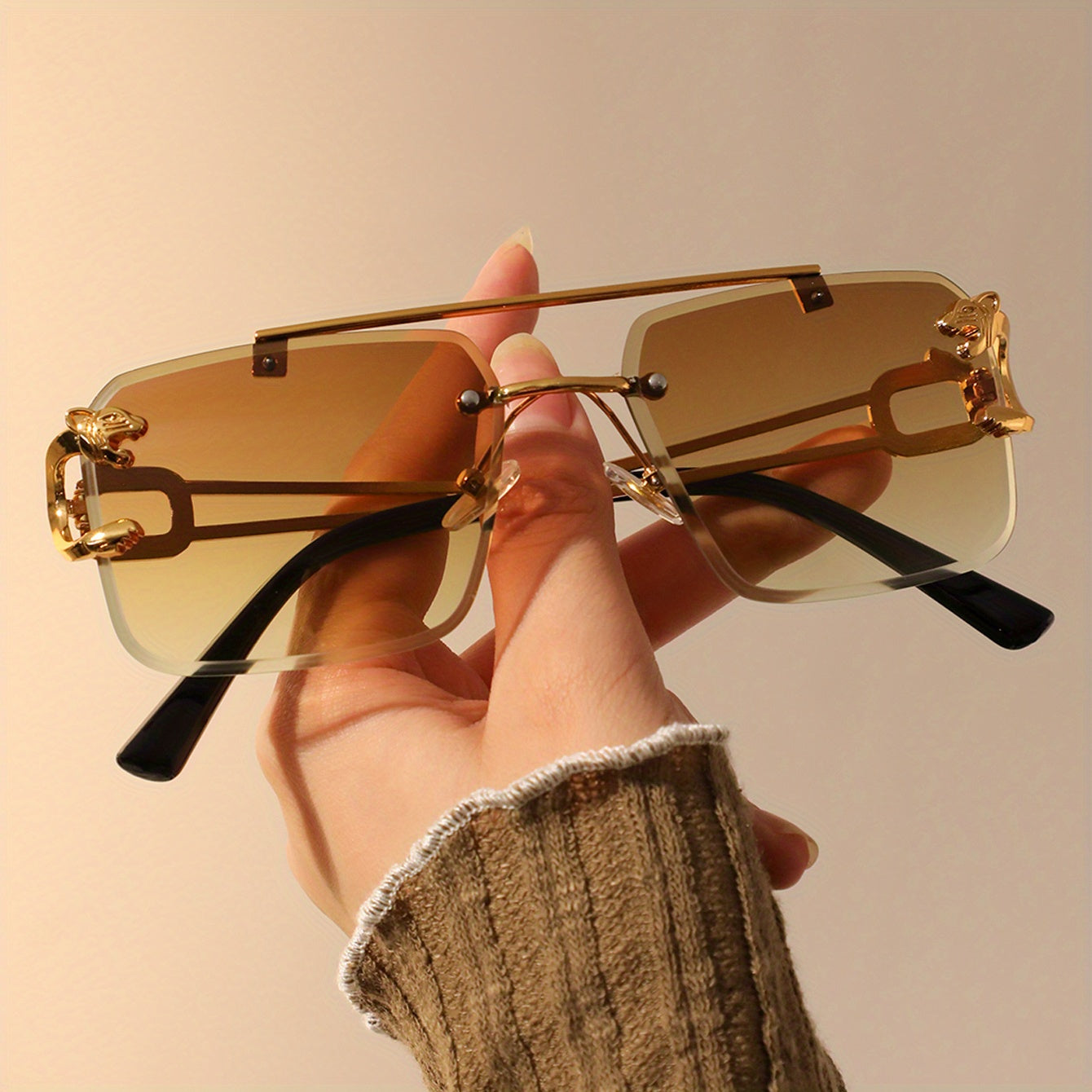 Leopard Charm Sunglasses Top Bar Rimless Metal Sun Shades UV400