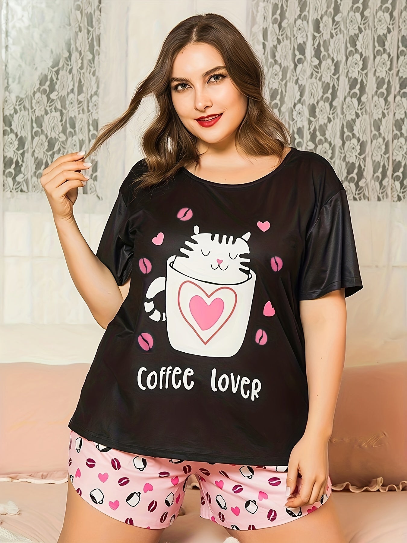 Heart & Cat Print Pajama Set Short Sleeve T shirt & Shorts