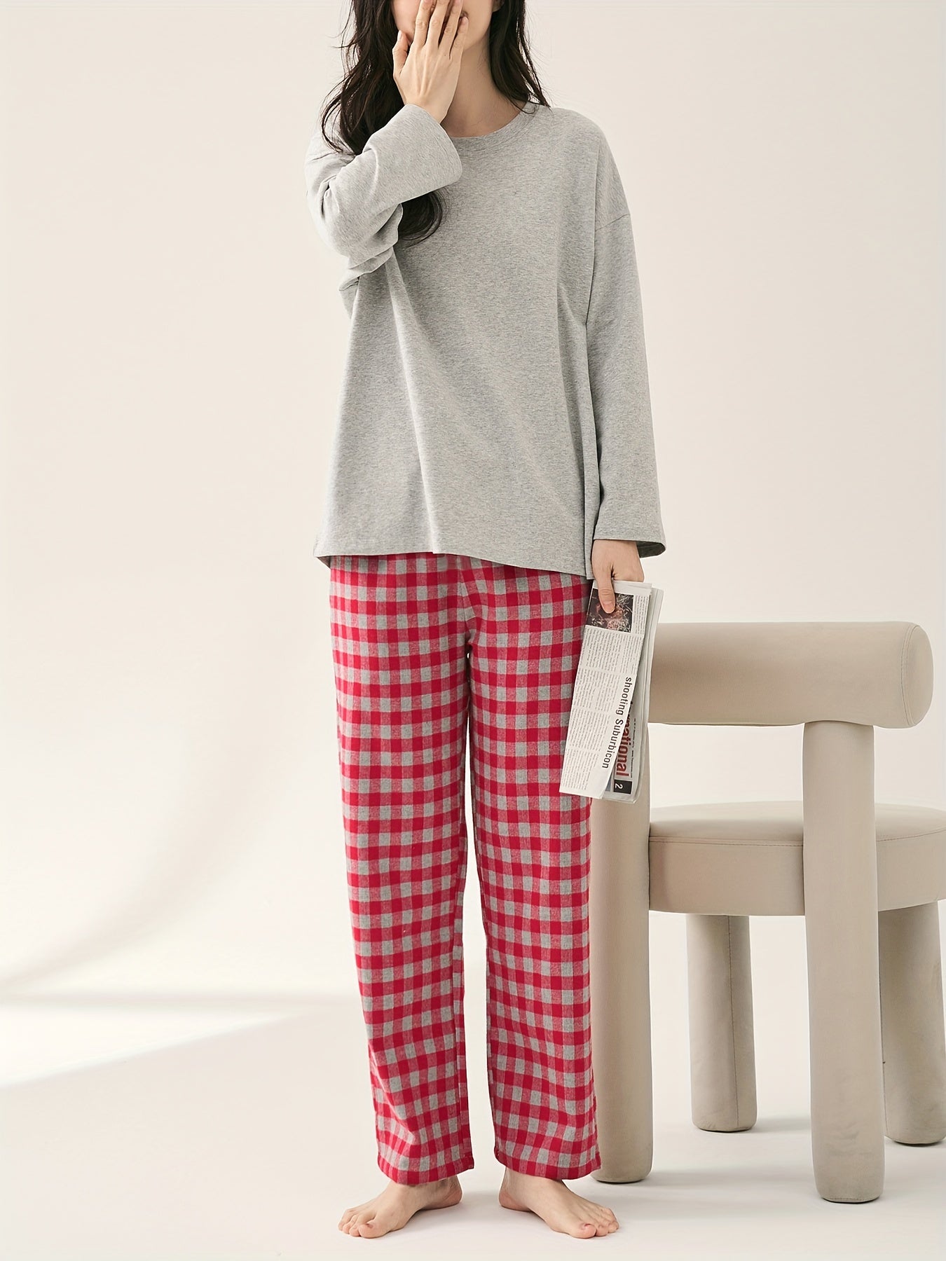 Cozy Pajama Set: Crew Neck Top & Plaid Pants