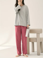 Cozy Pajama Set: Crew Neck Top & Plaid Pants