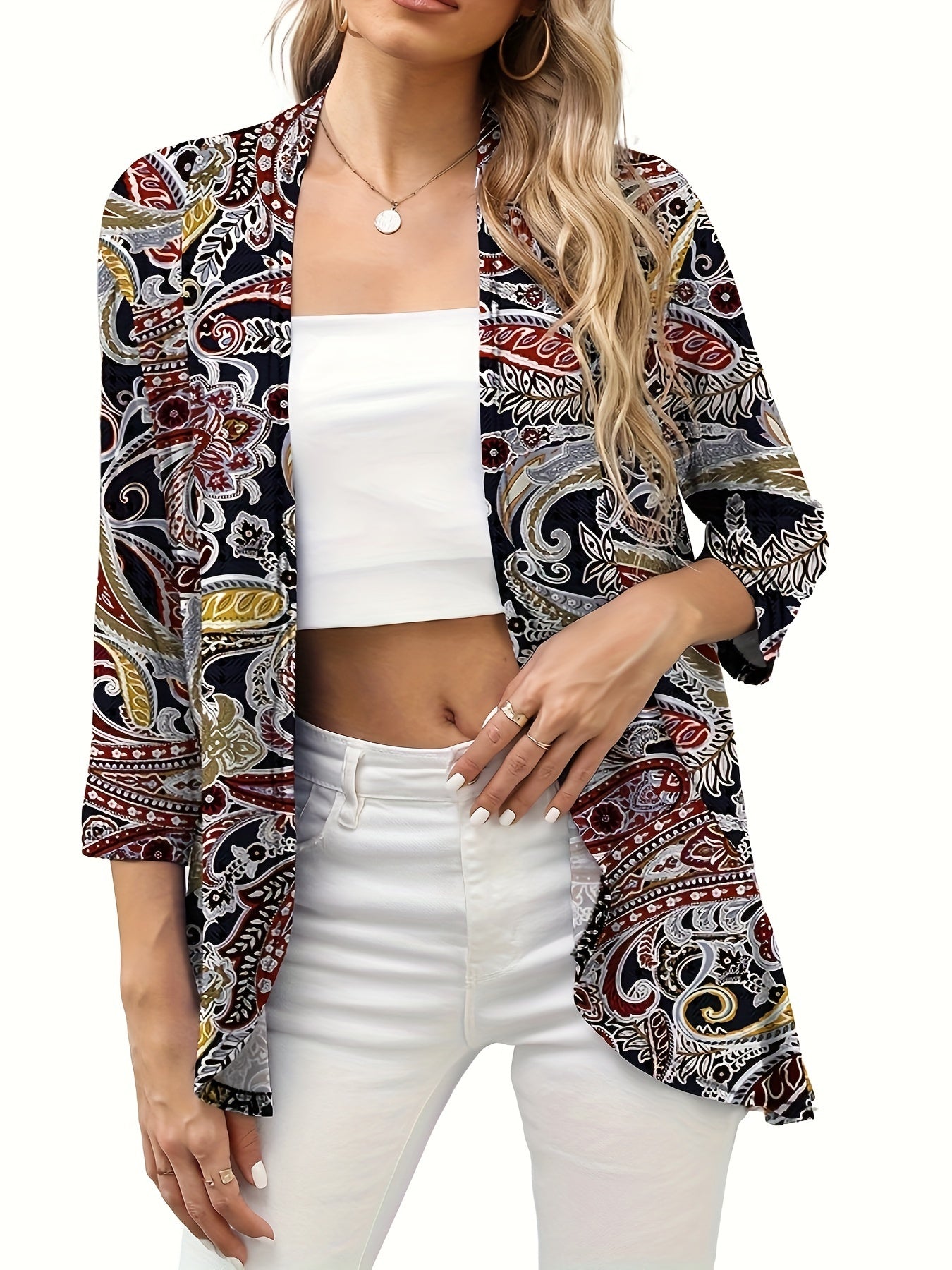  Boho Paisley Print Open Front Cardigan