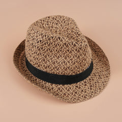 British Style Khaki Fedora Cap Vintage Straw Jazz Hat