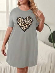 Leopard Heart Print Short Sleeve Round Neck Sleep Dress