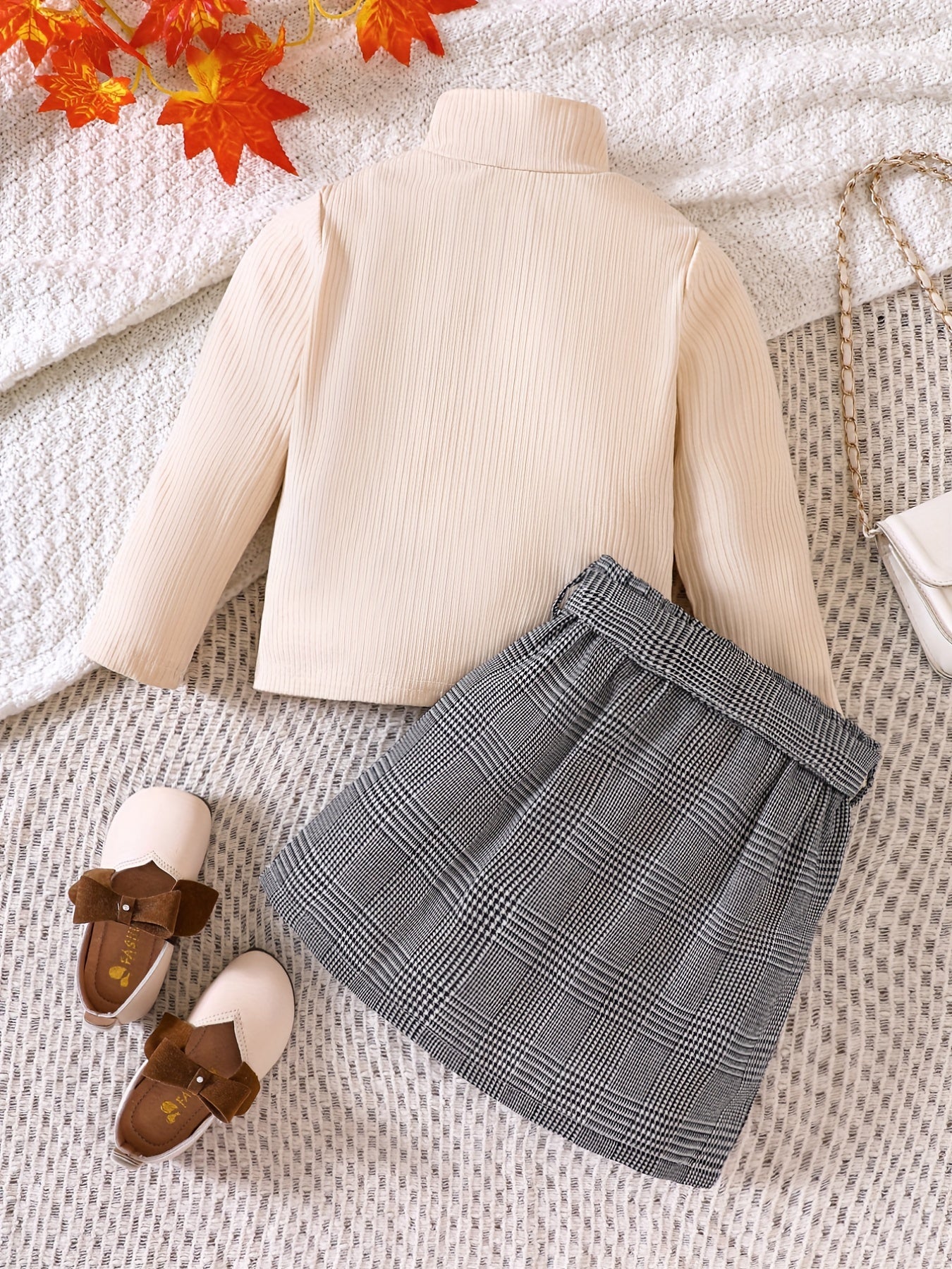 Girl's Ribbed Turtleneck Top & Plaid Belted Skirt Set Casual Outfits