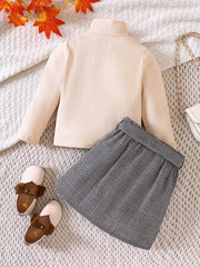 Girl's Ribbed Turtleneck Top & Plaid Belted Skirt Set Casual Outfits