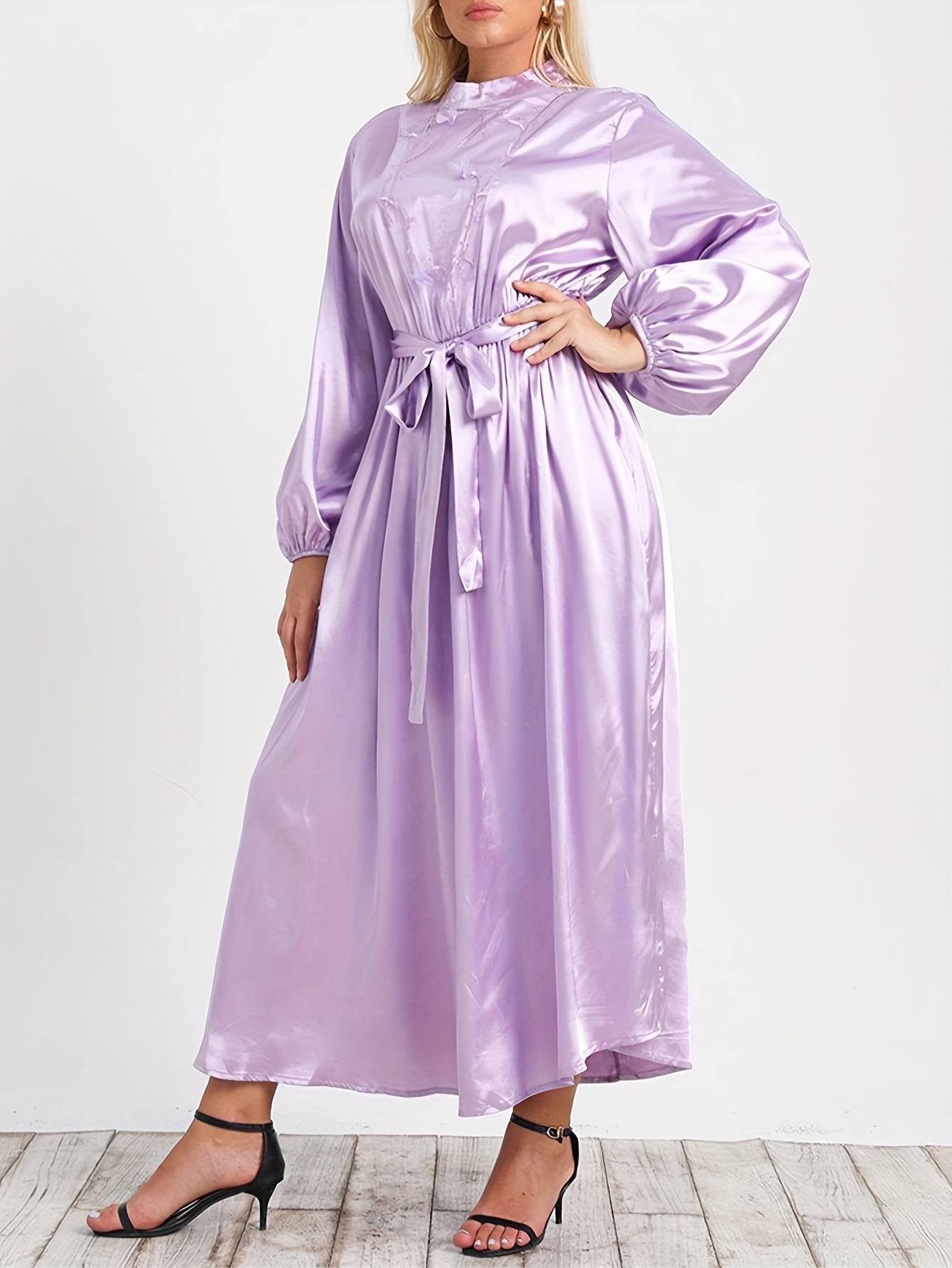  Solid Satin Lantern Sleeve Mock Neck Maxi Dress With Belt