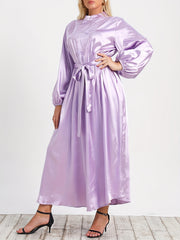  Solid Satin Lantern Sleeve Mock Neck Maxi Dress With Belt