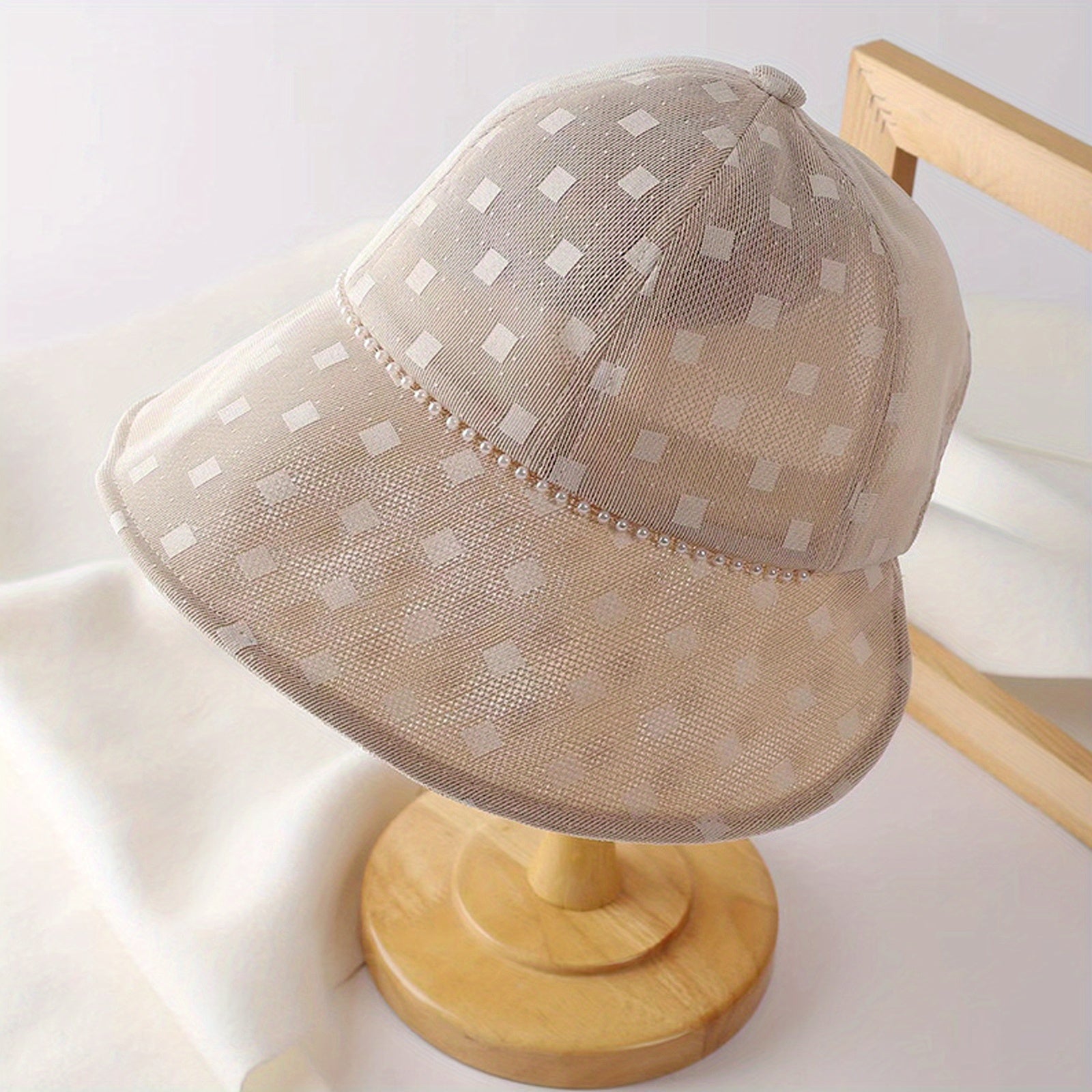Plaid Mesh Sun Hat UV Protection Bucket Hat Faux Pearl Chain Decor