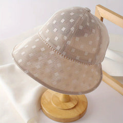 Plaid Mesh Sun Hat UV Protection Bucket Hat Faux Pearl Chain Decor