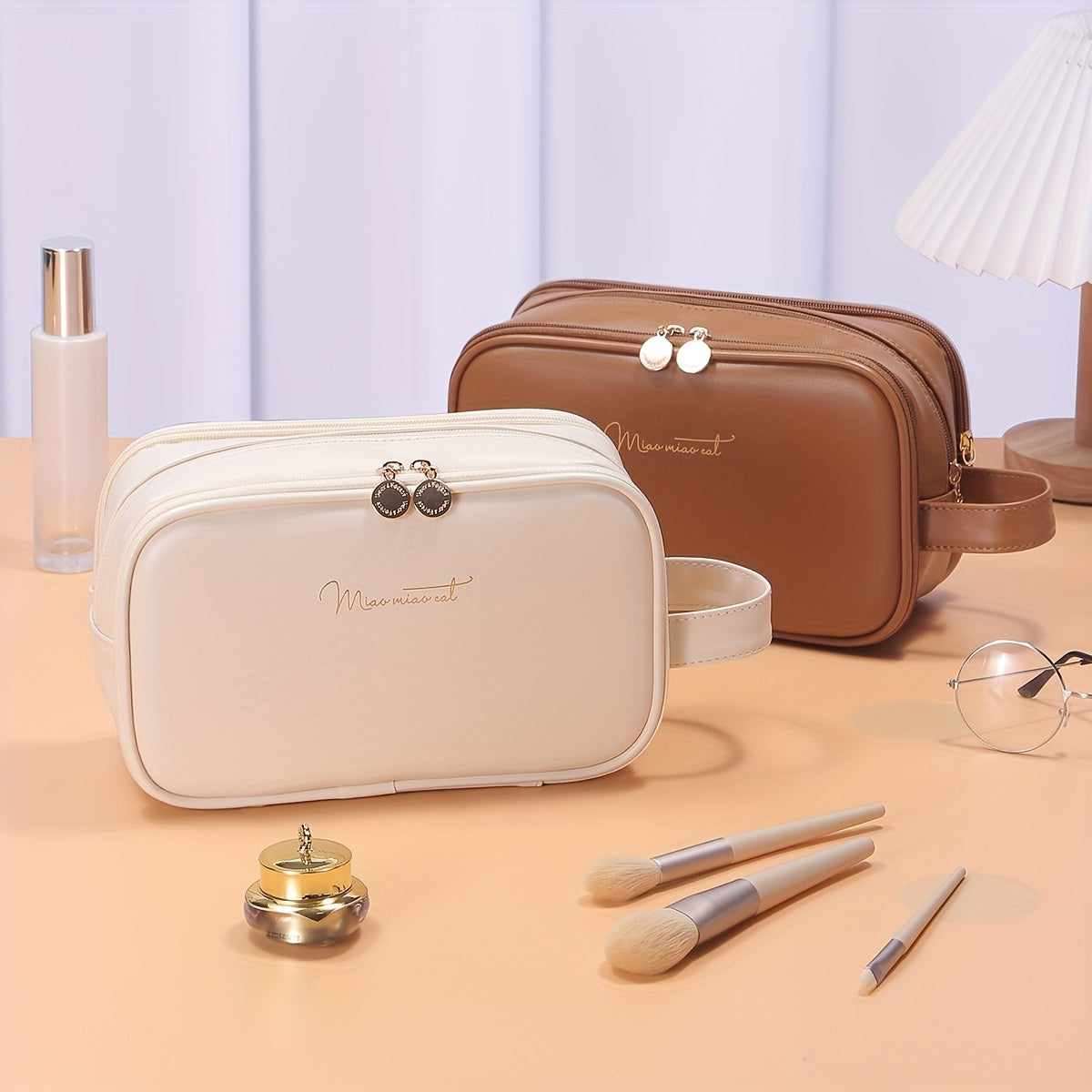 Portable Layer Cosmetic Bag Waterproof Makeup Brush Organizer PU Leather