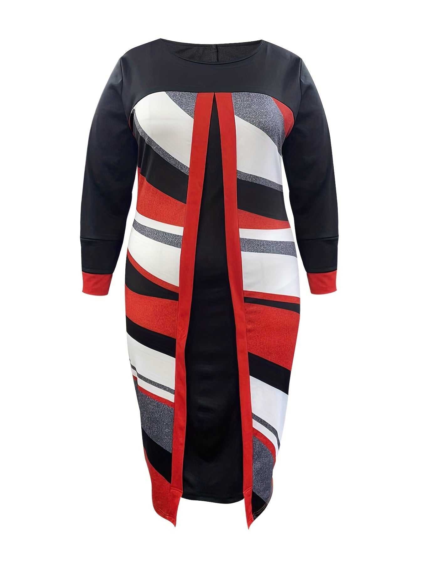  Colorblock Geometric Print Long Sleeve Dress