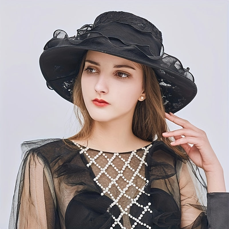 Ruffles Wide Brim Sun Hat Solid Organza Lace Bowknot Derby Hat