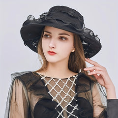 Ruffles Wide Brim Sun Hat Solid Organza Lace Bowknot Derby Hat