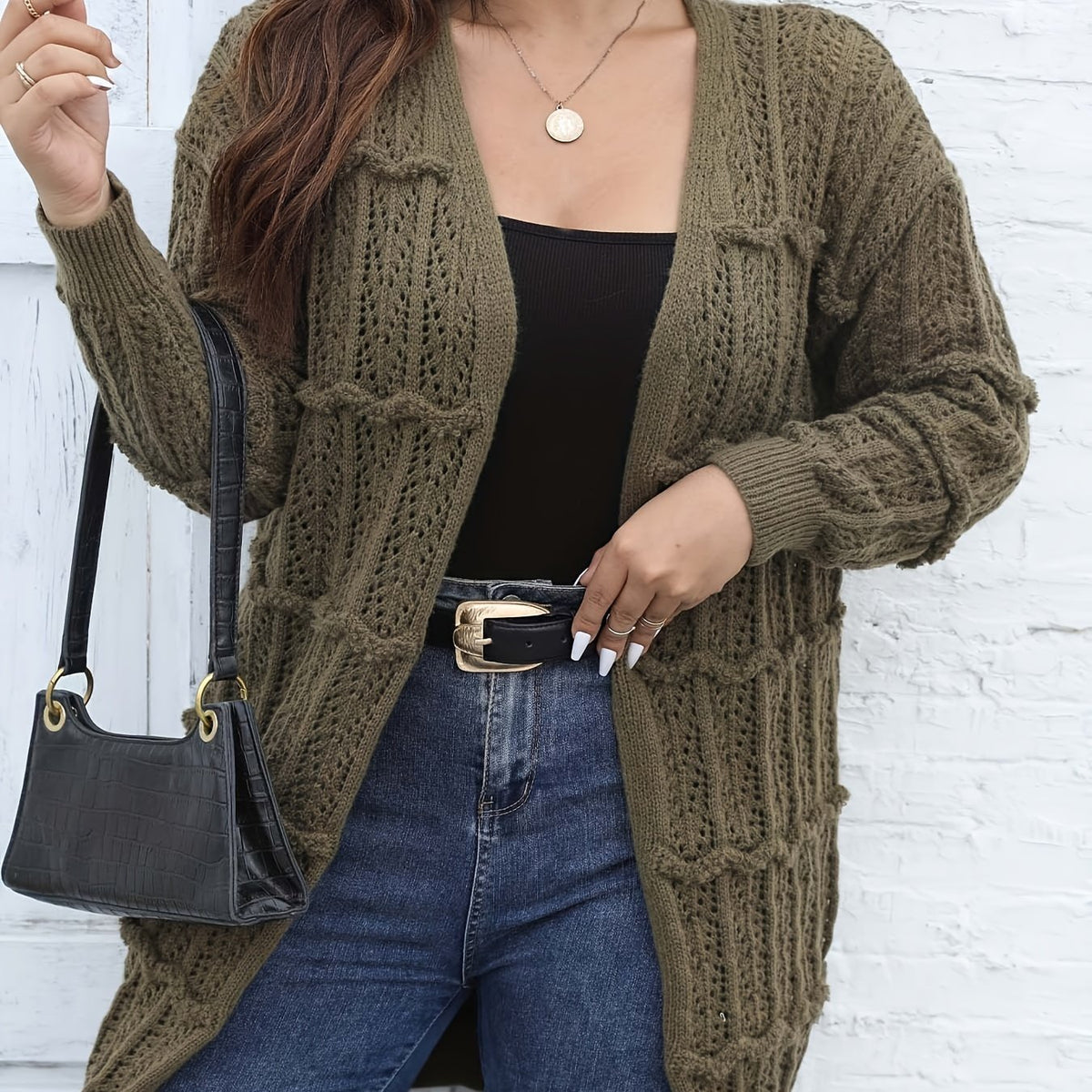  Lantern Sleeve Open Front Knit Duster Cardigan