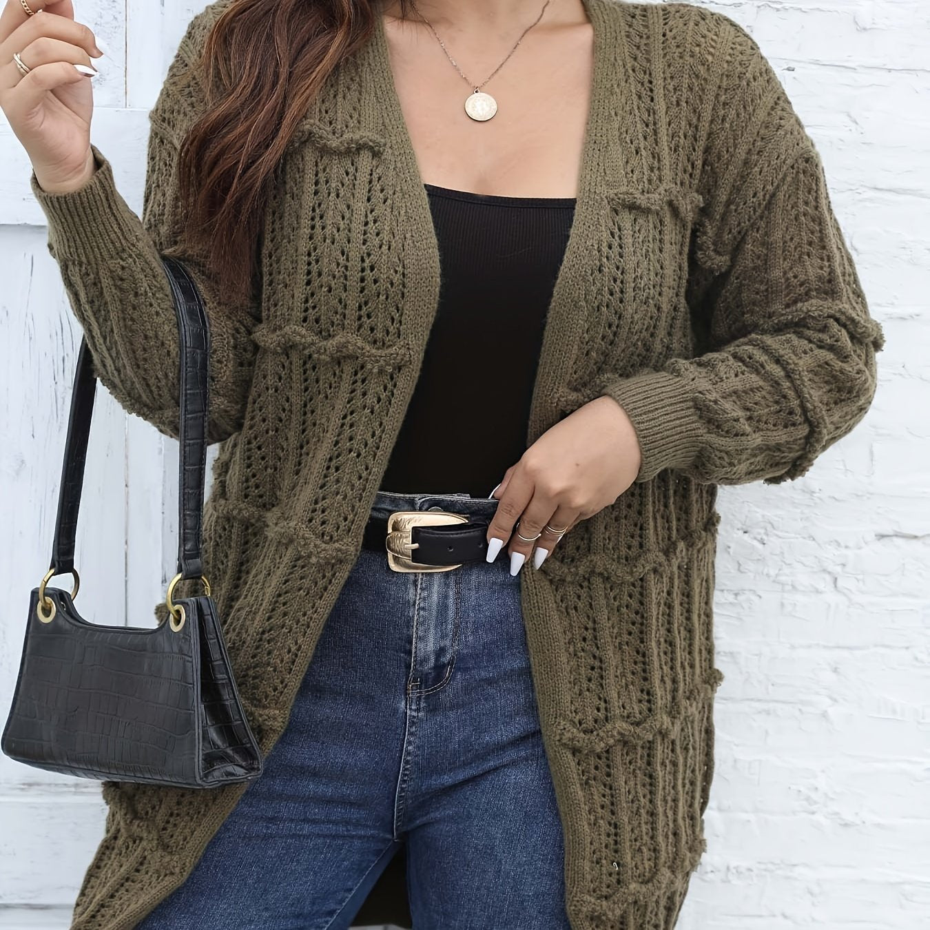  Solid Striped Long Sleeve Open Front Cardigan