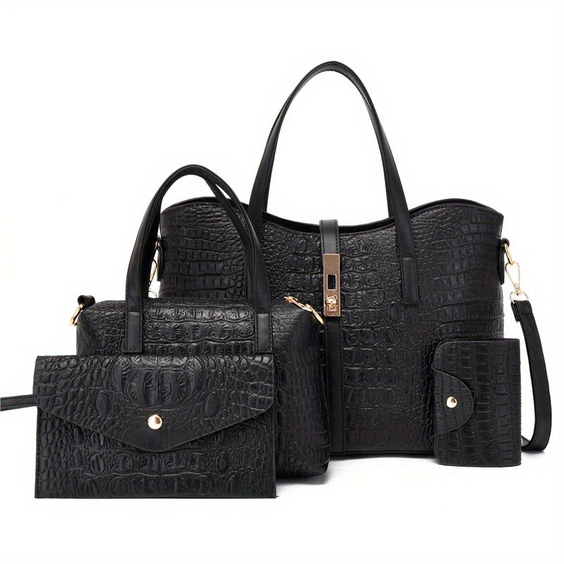 Crocodile Pattern Handbag Set Tote Bag Crossbody Satchel Purse Wristlet Clutch