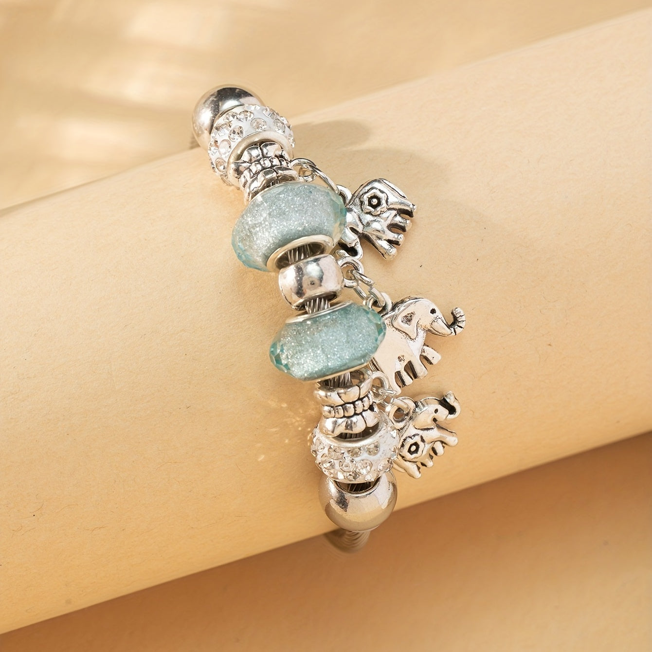 Rhinestone Clay Big Hole Bead & Elephant Pendant Bracelet