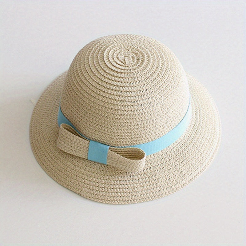 Girls Straw Sun Hat with Bow - Sunshade Bucket Hat