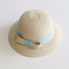 Girls Straw Sun Hat with Bow - Sunshade Bucket Hat