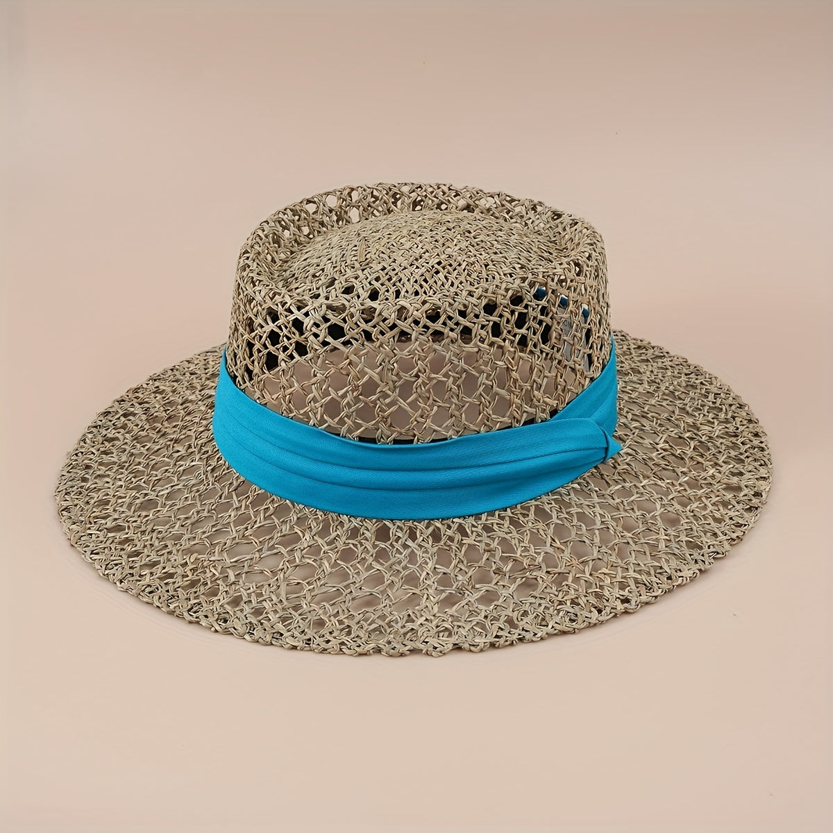 Flat Top Summer Sun Hat Hollow Straw Hat British Jazz Fedora Cap