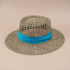 Flat Top Summer Sun Hat Hollow Straw Hat British Jazz Fedora Cap