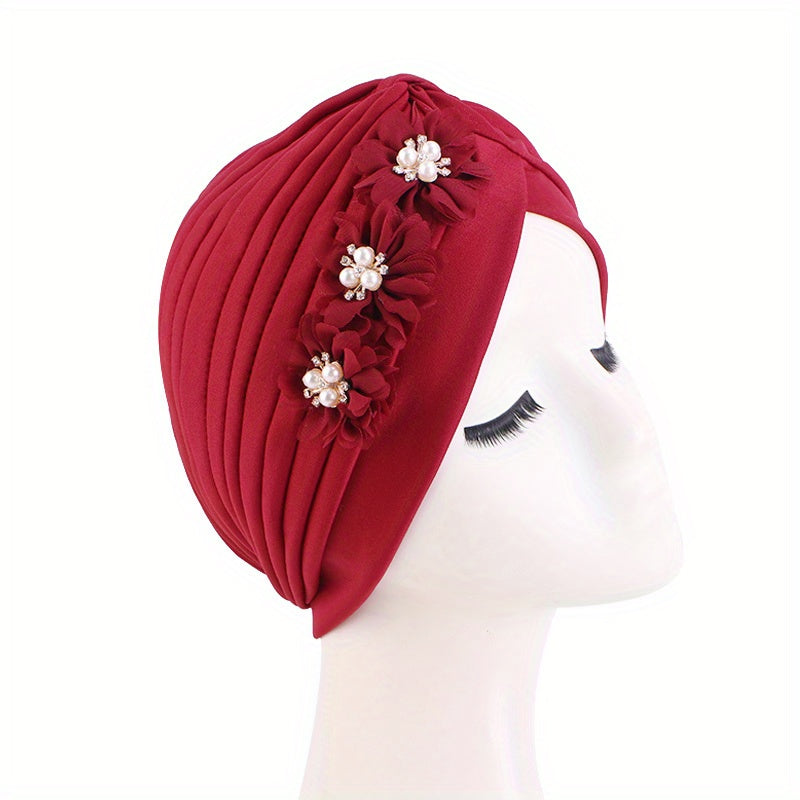 Pleated Flower Turban Cap Elastic Head Wrap Hijab Decor Casual Headscarf