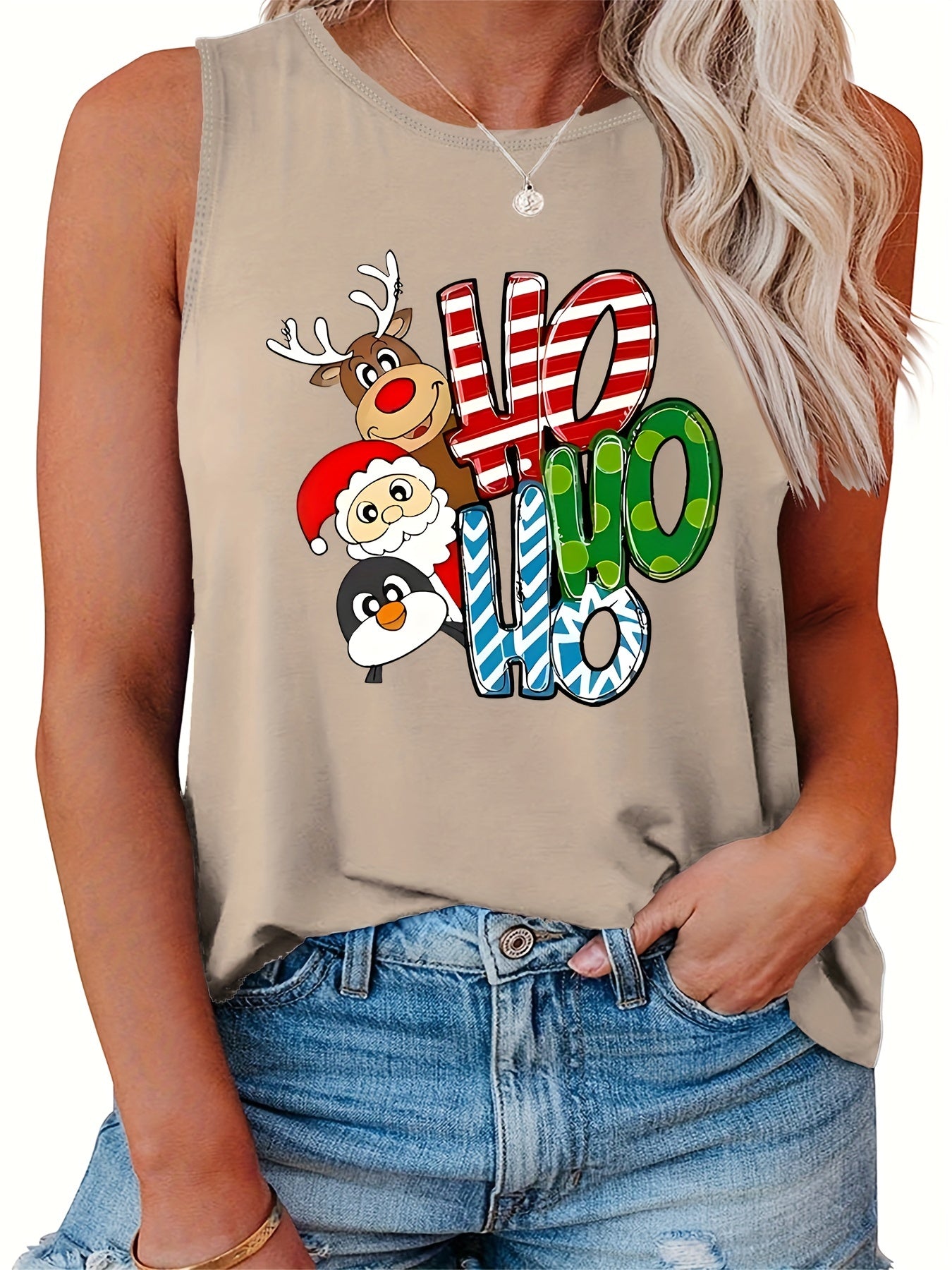  Casual Tank Top Women's Plus Solid Scoop Neck HoHo Letter Print