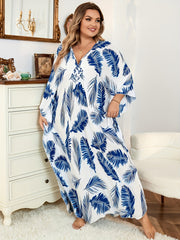  Boho Cover Up Women's Plus Tropical Print Batwing Sleeve V Neck Split
