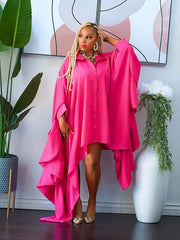  Solid Draped Batwing Sleeve Button Up Shirt Dress