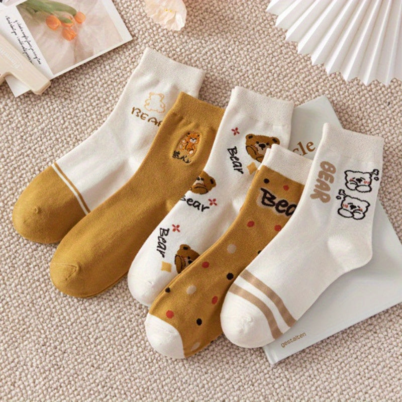 5 Pairs Cartoon Bear Print Socks Women's Mid Tube Stockings