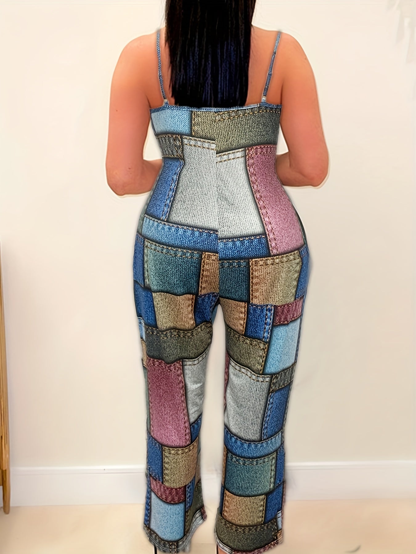  Casual Jumpsuit Denim Print Straight Leg Jumps