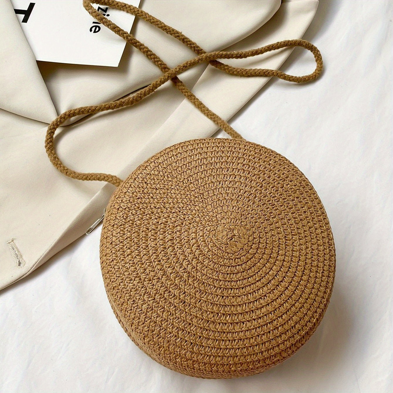 Straw Round Beach Crossbody Bag Solid Casual Summer Woven Handbag