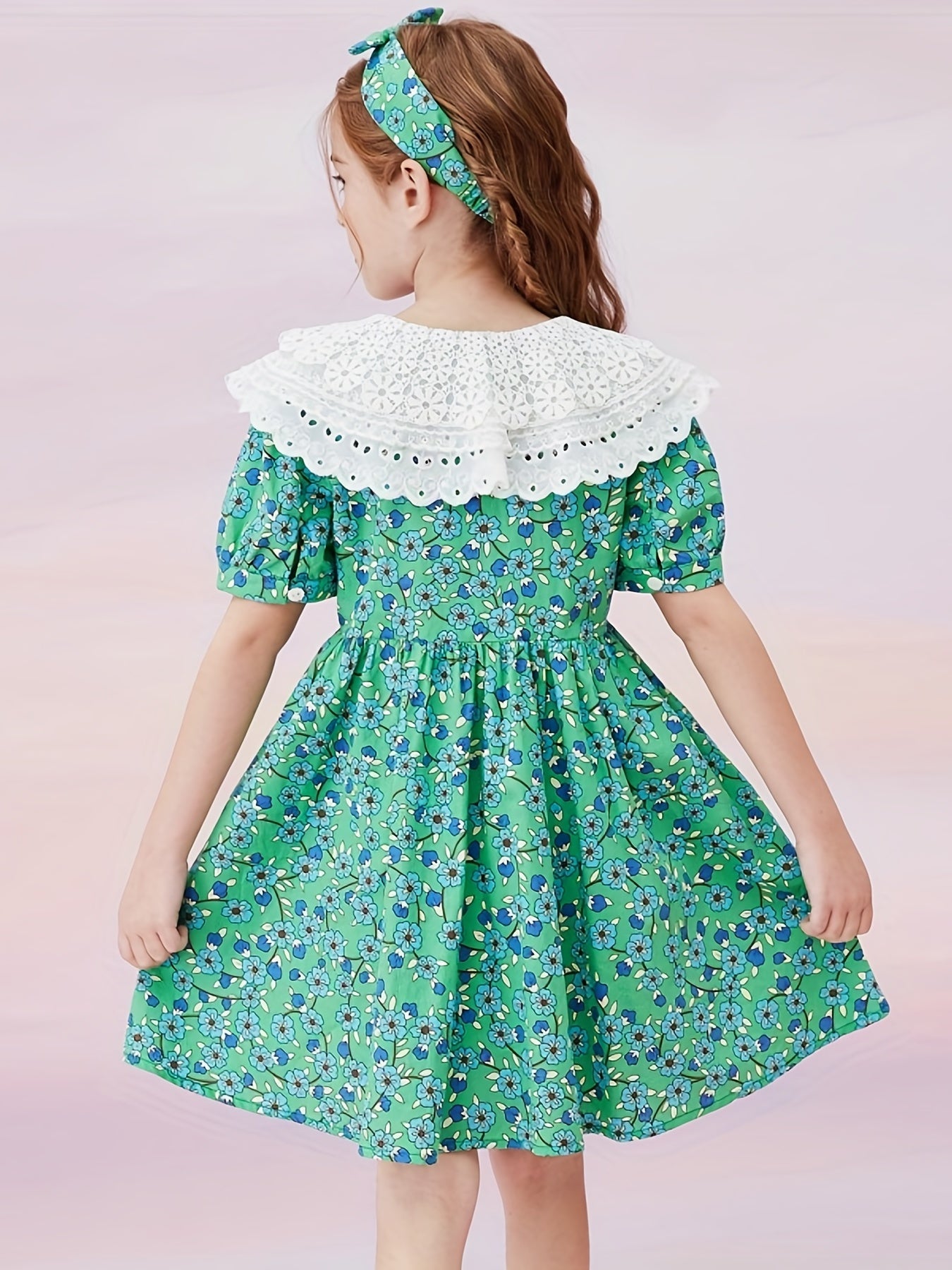 Girls Summer Floral Dress Doll Collar Casual Student Dress