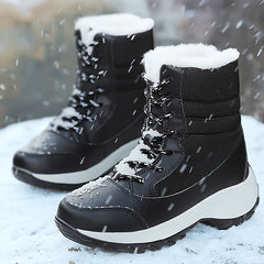 Women's Faux Fur Snow Boots Waterproof Anti-slip Lace-up Warm Mid Calf