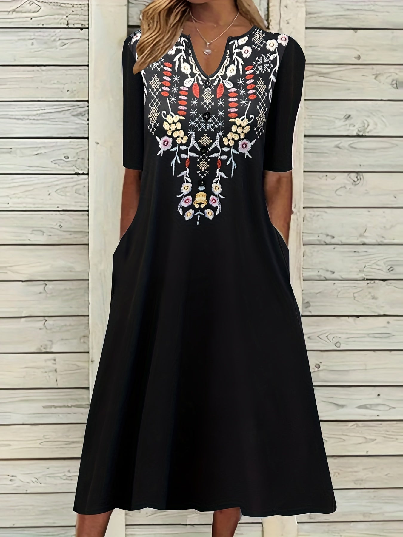 Plus Size Boho Dress Women's Plus Floral Embroidered Half Sleeve Dress