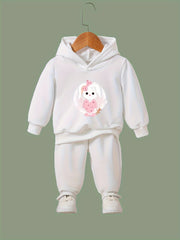 Cartoon Rabbit Pattern Hooded Sweatshirt & Solid Sweatpants Set for Girls