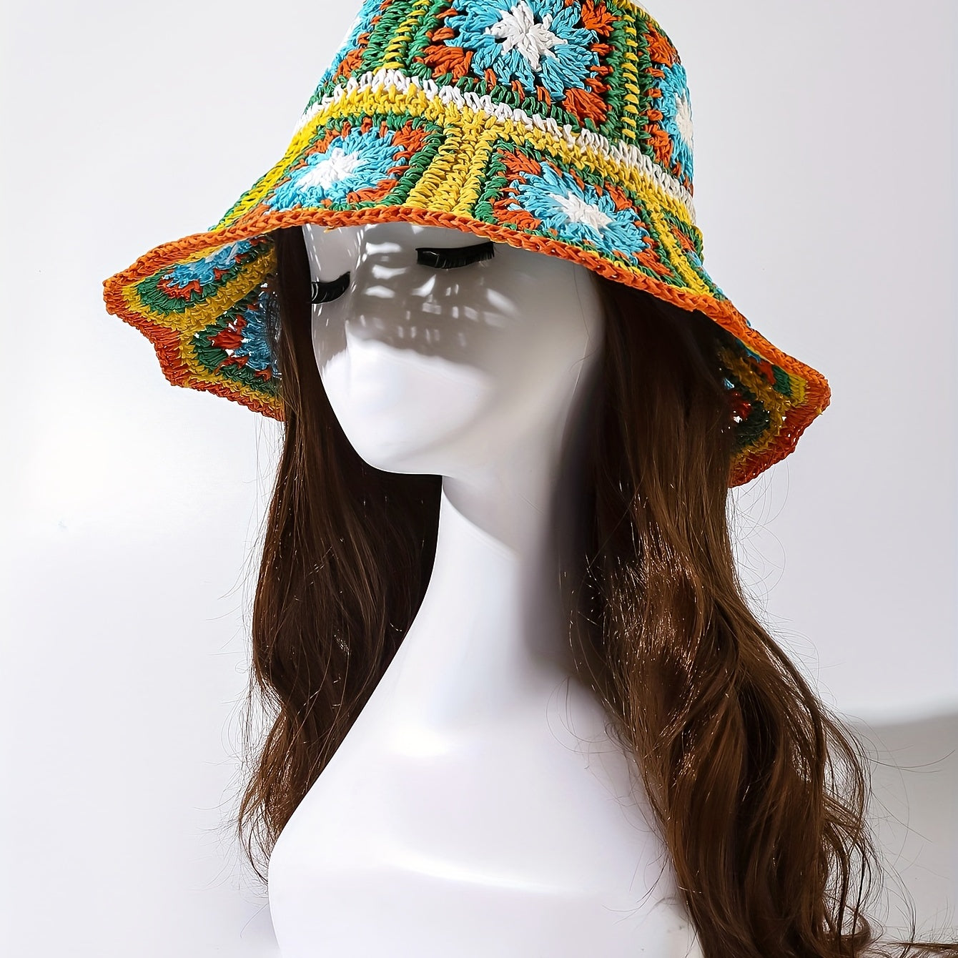 Boho Crochet Bucket Hat With Brim Hollow Out Straw Sun Hat