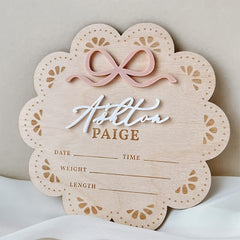 Customizable Birth Announcement Plaque Turmeric Wood with Bow